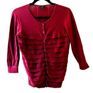 Ann Taylor Womens Cardigan Cotton Sweater Ruffles Buttons Wine Maroon Red Med